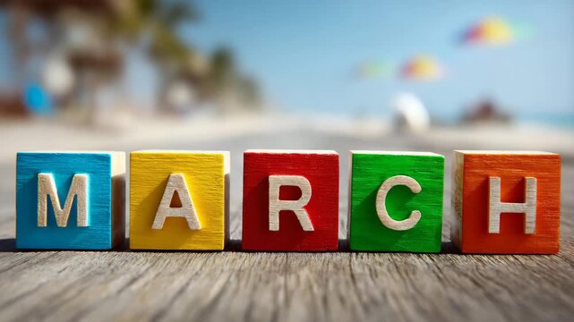 A vibrant text "March" composed of bright wooden blocks with clean alignment focused lighting and a softly blurred background hinting at early spring weather and gentle transitions