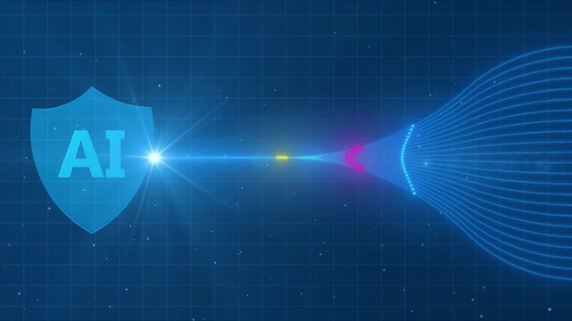 Artificial Intelligence Cyber Defense Shield with Glowing Data Stream Flow Animation