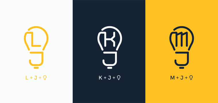 Set of initials letter LJ, KJ, and MJ simple line lightbulb shape logo design. Good to use for education, coaching, consulting, technology company symbol logo