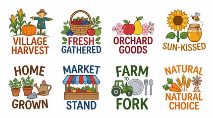 Fototapeta premium This image showcases a collection of market logos that emphasize fresh, organic produce and the charm of local farming, appealing to health-conscious consumers.