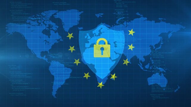 GDPR European Data Protection Shield and Padlock Animation on World Map Background Animation.