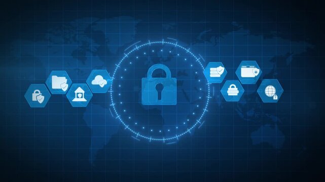 Global Cyber Security Padlock with Connected Data Protection Network Icons on World Map Background Animation.