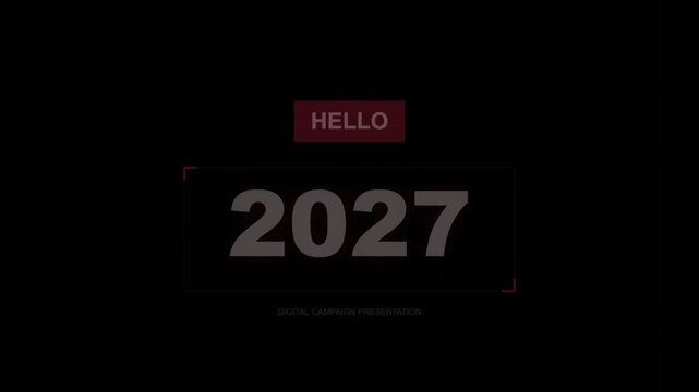 Hello 2027 greeting card design with glowing white numbers inside a modern redaccented frame on a dark black background