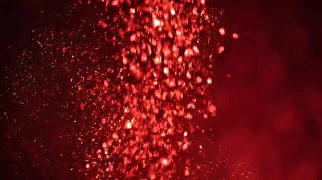 Abstract Red Glitter Particles Falling and Twinkling on Dark Moody Background, Festive Bokeh Lights