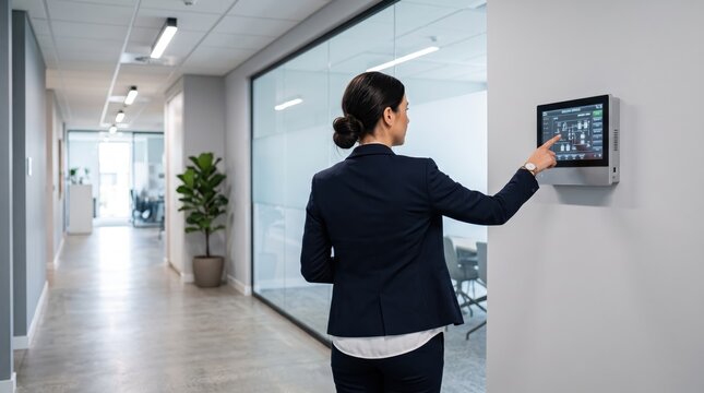 Professional businesswoman interacting with wall-mounted smart control panel touchscreen in modern office hallway, managing building automation systems, security access