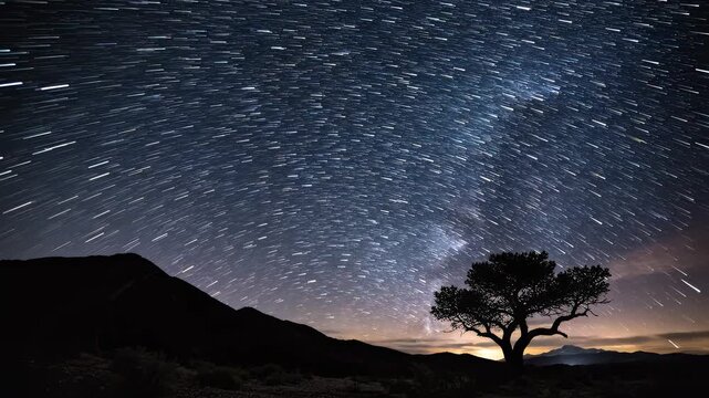 Lone tree silhouette against vibrant starry night sky with milky way glow during twilight hour