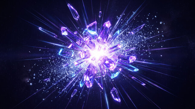 Purple and blue crystal shards exploding outward with radiant light burst on dark background