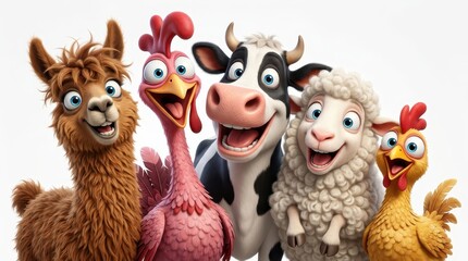Fototapeta premium Funny Group of Happy Cartoon Farm Animals Including Cow Sheep Llama and Chickens on White Background