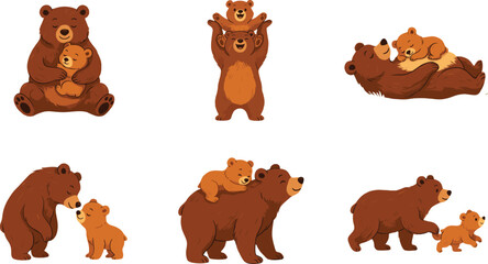 Fototapeta premium Cute Grizzly Brown Bear Mother and Baby Cub Family Vector Illustration Set with Various Playful Poses for Mothers Day Cards Nursery Decor and Sticker Graphic Designs