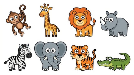 Fototapeta premium Cute Cartoon Wild Animals Collection Set with Lion Tiger Elephant Giraffe Zebra Monkey Rhino and Crocodile Vector