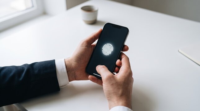 hands holding smartphone with fingerprint security icon on screen, biometric authentication for mobile data protection and digital privacy, unlocking device with touch ID sensor