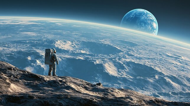 Astronaut standing on a rocky alien planet horizon looking at blue planet in space
