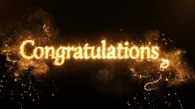 Glowing fiery Congratulations text animation with golden sparks and smoke on black background for celebrations