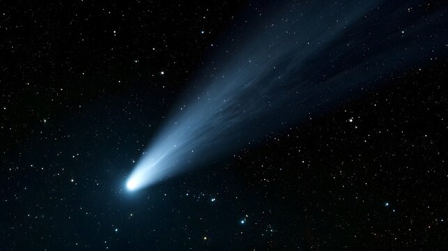 A bright comet with a glowing blue tail streaks across a star filled night sky in deep space