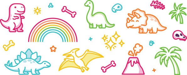 Cute Dinosaur Vector Icon Set Featuring Tyrannosaurus Rex Triceratops Stegosaurus Brachiosaurus Pterodactyl Rainbow Volcano and Palm Tree Elements for Kids Nursery Sticker Graphic Designs © MDJulfikar