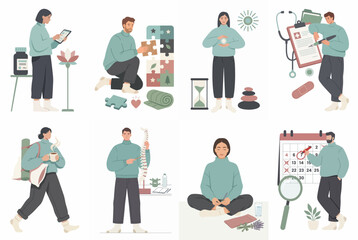Fototapeta premium Flat illustration set of people practicing self-care, medical checkups, mental wellness, yoga, and healthy lifestyle habits for holistic well-being.