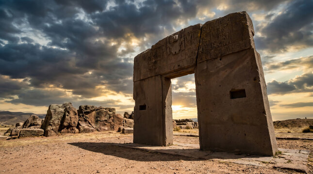 Ancient Stone Gateway at Tiwanaku Archaeological Site Under Dramatic Sky