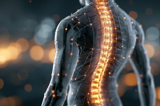 3D render of a human body model with a glowing highlighted spine showing back pain