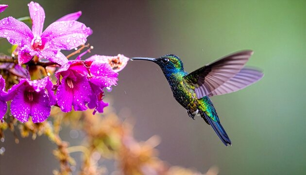 Colorful hummingbird hovering near vibrant purple flowers in rain