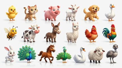 Fototapeta premium Collection of 18 Cute 3D Cartoon Farm Animals and Pets Isolated on White Background for Childrens Educational Design