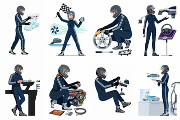 Obraz premium Collection of various illustrations of a professional racing driver in a blue suit, performing tasks related to motorsports, engineering, and competition.