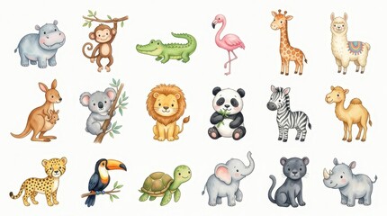 Fototapeta premium Cute Watercolor Safari and Jungle Animal Collection Set for Kids - Lion, Elephant, Giraffe, Panda, and More Illustrations