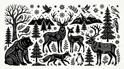 Fototapeta premium Black and White Folk Art Illustration of Winter Forest Animals Featuring Deer Bear Fox and Reindeer in a Snowy Landscape