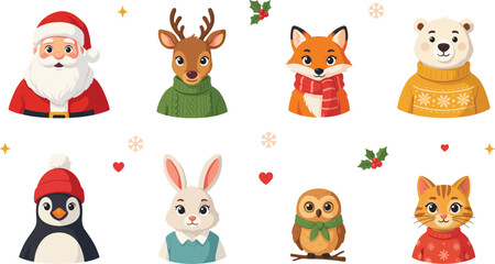 Fototapeta premium Cute Christmas Avatar Set with Santa Claus and Winter Animals Wearing Cozy Sweaters, Scarves, and Hats for Holiday Greeting Cards and Sticker Designs