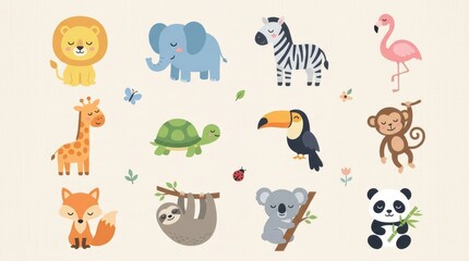 Fototapeta premium Cute Cartoon Safari and Jungle Animal Collection Set for Kids - Vector Illustration of Lion, Elephant, Giraffe, and More
