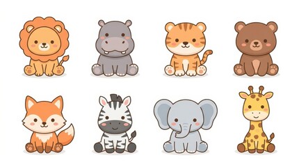 Fototapeta premium Set of Cute Kawaii Baby Animals Collection Including Lion Hippo Tiger Bear Fox Zebra Elephant and Giraffe Illustrations