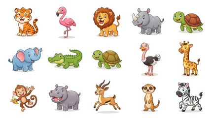 Fototapeta premium Cute Cartoon Wild Animal Collection Set with Lion Tiger Elephant Giraffe Zebra and More for Kids Education and Design