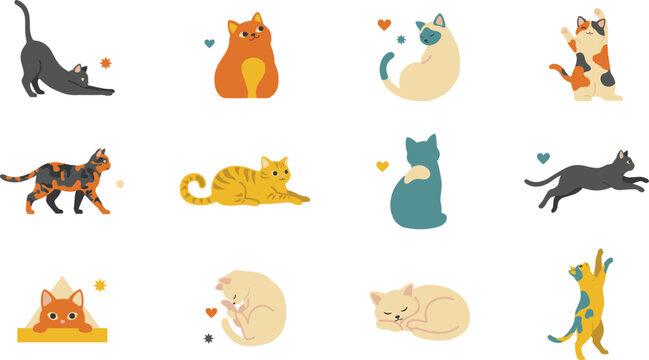 Cute Cat and Kitten Character Vector Icon Set with Various Breeds and Poses for Pet Shop Website Apps Sticker Labels and Nursery Graphic Designs