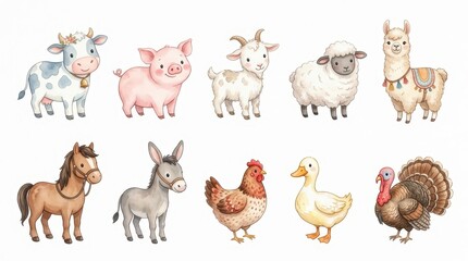 Fototapeta premium Cute Watercolor Farm Animals Collection Set with Cow Pig Horse Sheep Chicken Duck Llama Donkey Turkey and Goat