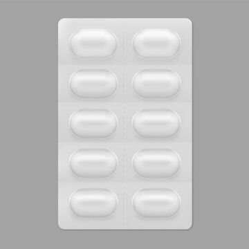 Silver blister packaging mockup with capsule pills for design, branding, presentation. 3D hight realistic vector illustration isolated on grey background. Scalable, editable. EPS10.