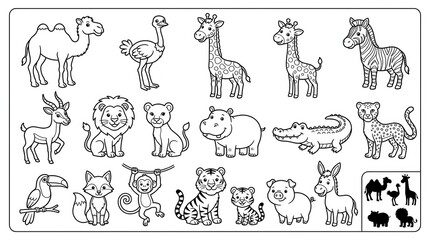 Fototapeta premium Collection of Cute Cartoon Wild and African Animals for Kids Coloring Page Vector Illustration Set