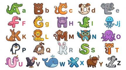 Fototapeta premium Educational Animal Alphabet Poster for Children, Set of Vector Letters from A to Z with Colorful Cartoon Animals
