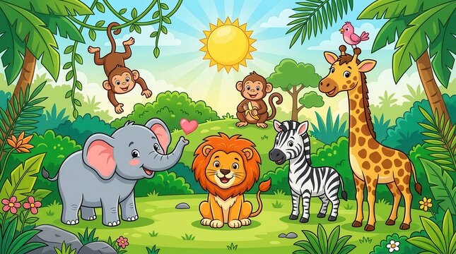 Colorful Jungle Safari Animals Cartoon Illustration for Kids with Lion Elephant Giraffe and Zebra