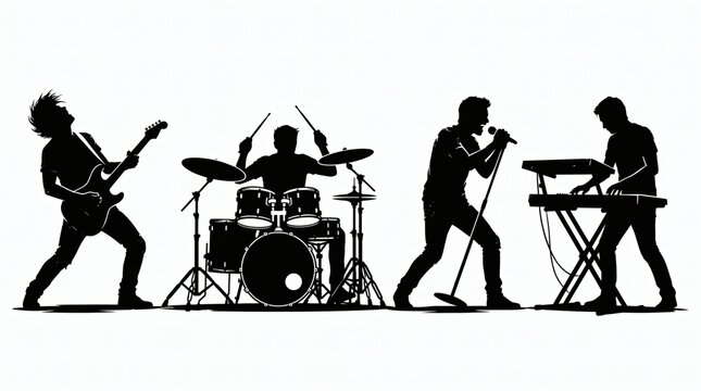 Silhouette of a rock band performing on stage with instruments.
