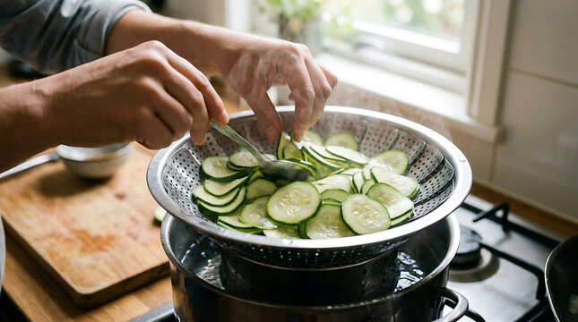 Close-up of Person Blanching Freshly Sliced Cucumbers in a Steaming Pot for Healthy Cooking and Culinary Content