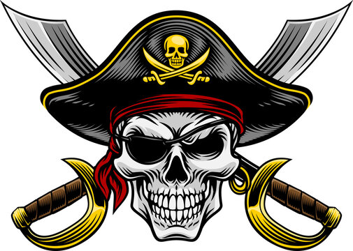 Pirate skull crossbones wearing a tricorn captain hat, eyepatch with crossing sabers or scimitar cutlass pirate swords. In a vintage retro woodcut style.