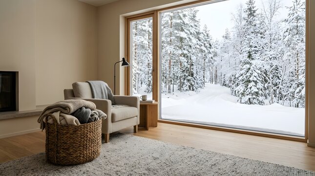 Cozy living room interior with winter forest view through window