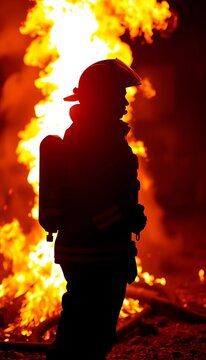 Silhouette of a firefighter standing in front of flames, bravery, silhouette