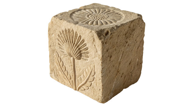 Ancient stone block artifact with detailed floral carving pattern isolated historic element