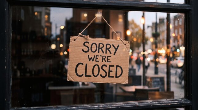 Sorry Were Closed Sign Hanging on a Shop Window.