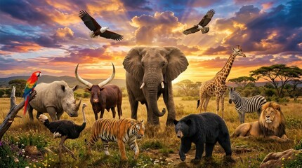Fototapeta premium Diverse Wild Animals Gathering in African Savanna Landscape at Sunset with Elephant Lion Tiger and Giraffe