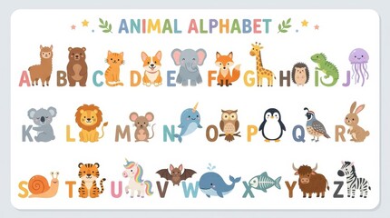 Fototapeta premium Cute Animal Alphabet Poster for Kids Education with Colorful Cartoon Animals from A to Z Vector Illustration