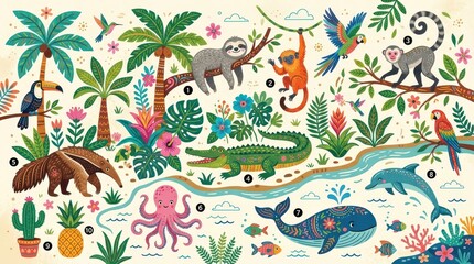 Fototapeta premium Colorful Tropical Jungle and Ocean Animals Illustration for Kids Education - Whimsical Folk Art Style Wildlife Map