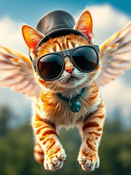 Whimsical flying cat with oversized sunglasses and fedora, flying creature, fantasy