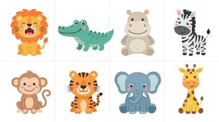 Fototapeta premium Set of Cute Cartoon Safari Animals Including Lion, Tiger, Elephant, Giraffe, Zebra, Monkey, Hippo, and Crocodile