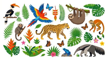 Fototapeta premium Tropical Rainforest Animals and Plants Vector Illustration Set with Jaguar, Sloth, Macaw, and Exotic Flowers
